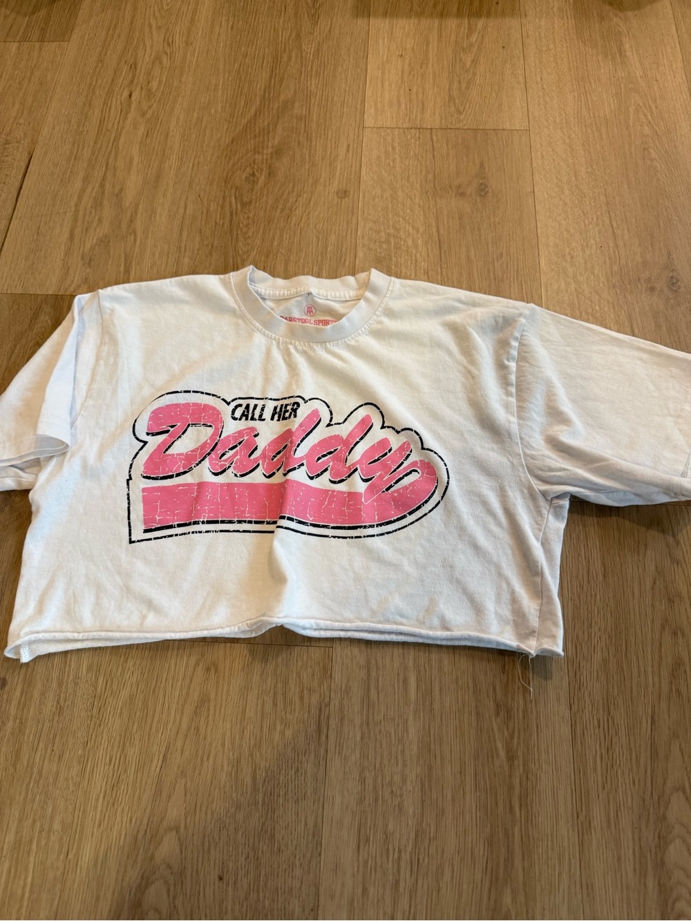 White Crop Graphic Tee with Pink 'Daddy' Script adult small
